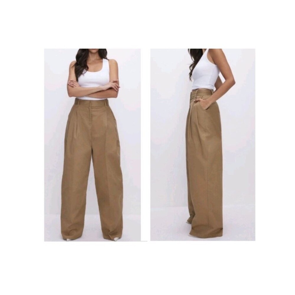 NEW Good American Pleated Khaki Pant Cotton Brown 10/30 Wide Leg Preppy Casual